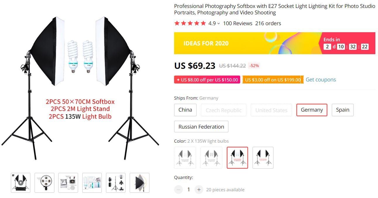 Kahden softbox studiovalaisimen setti 65 eurolla.